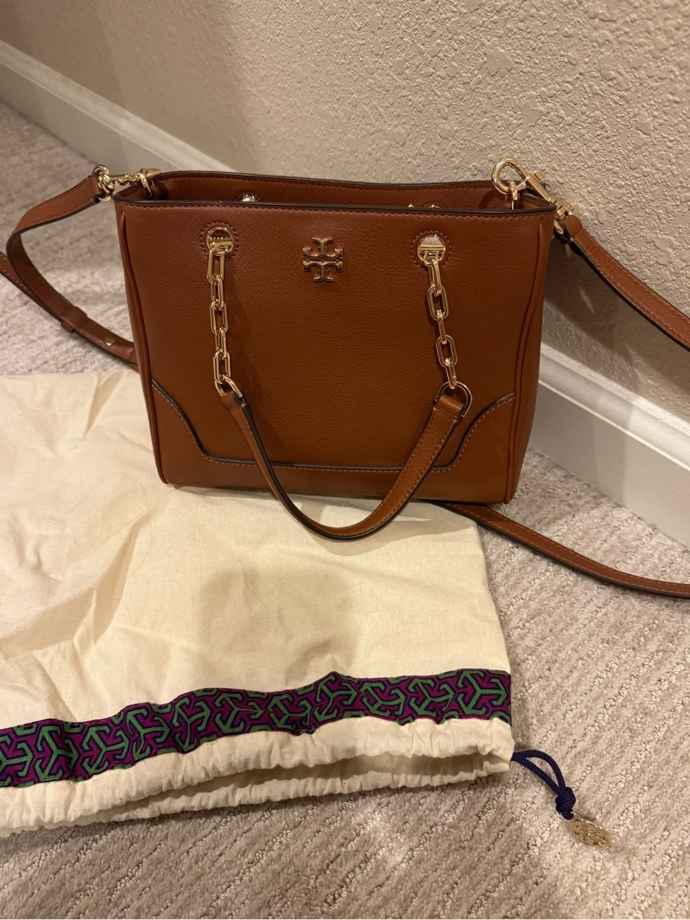 Tory Burch Brown Leather Chain-Accent Crossbody Satchel